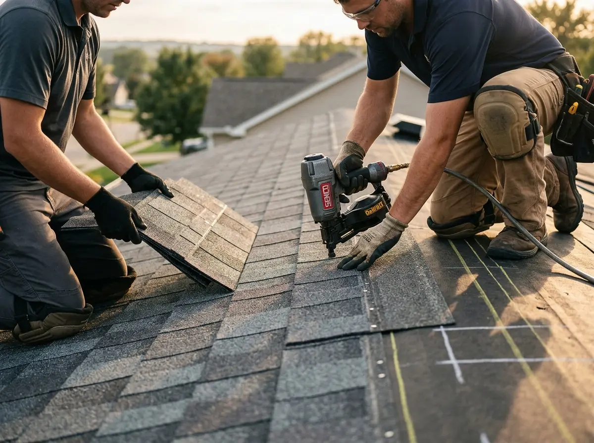 Professional roofer working on a residential roof in Fort Scott